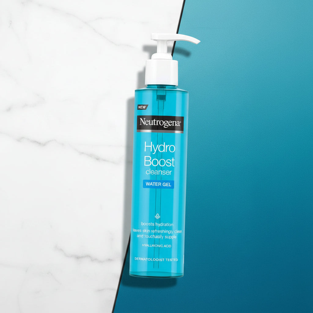 Neutrogena Hydro Boost cleanser bottle with text on a blue background