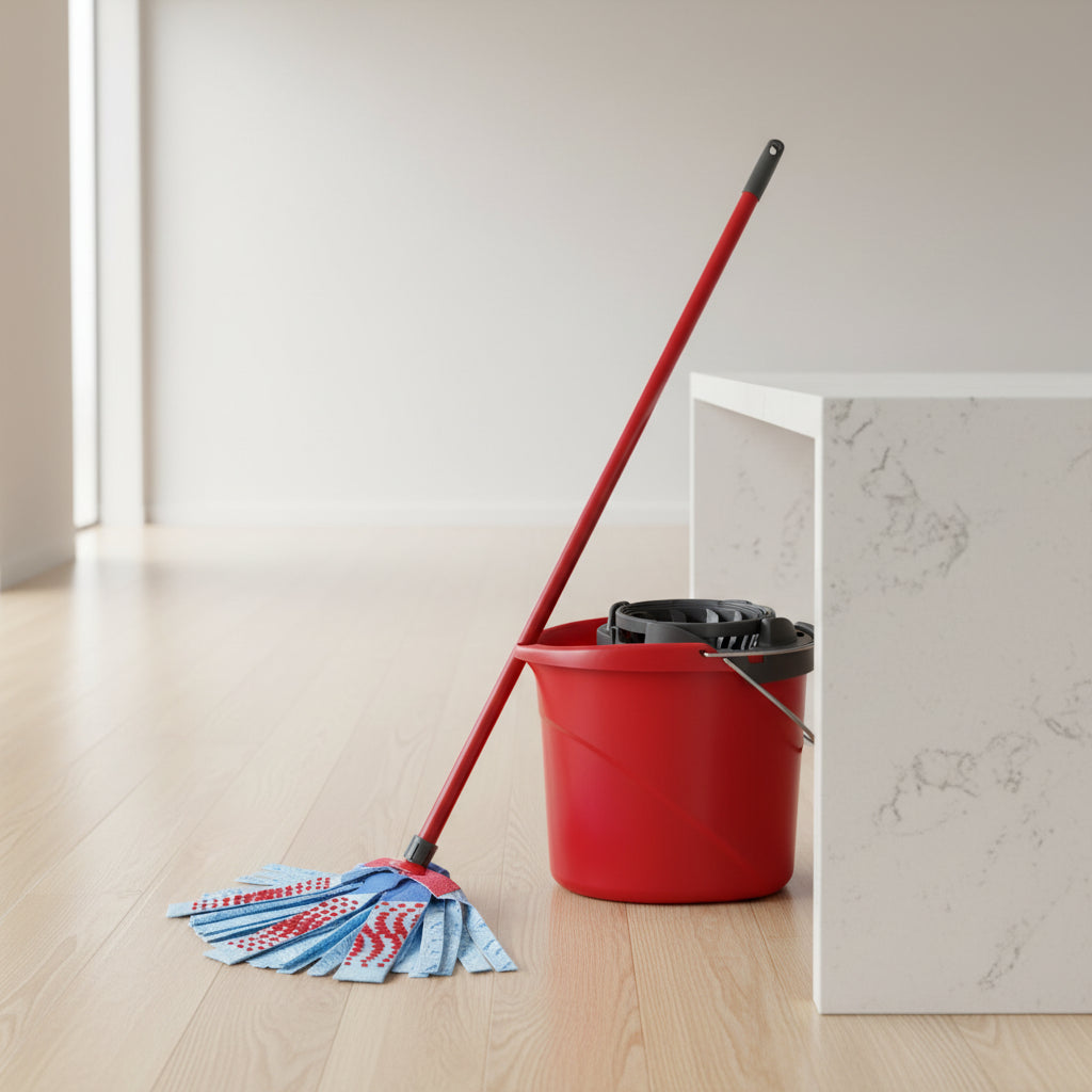Vileda mop and bucket set with a red plastic bucket, black wringer, red handle, and blue microfiber mop heads with red dotted cleaning pads, shown on a white background.
