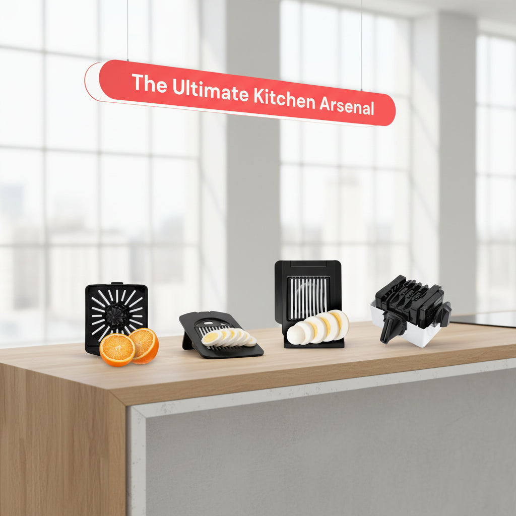 Set of kitchen tools including a juicer, egg slicer, yolk splitter, peeler, and blade organizer with images of their uses.