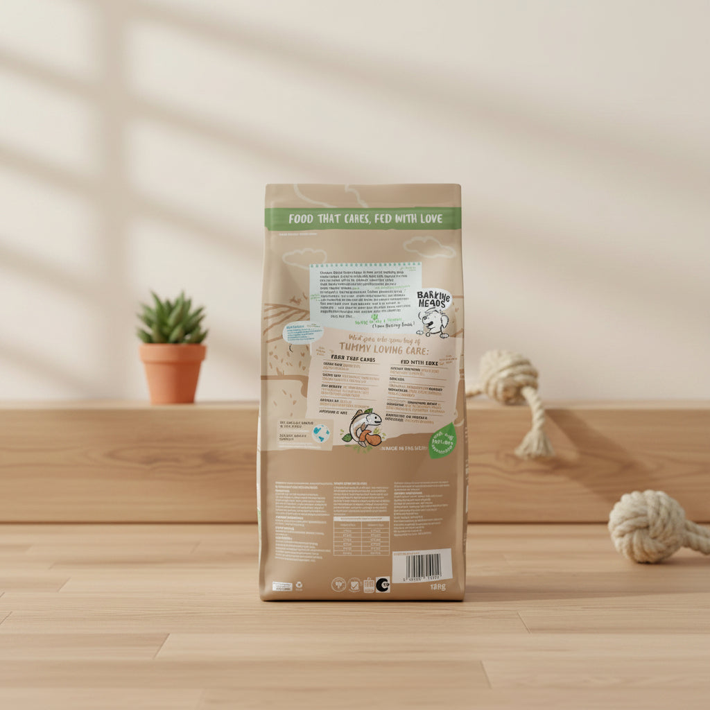 Back view of a 12kg bag of Barking Head's 'Food That Cares, Fed With Love' natural salmon fish food, featuring a teal background with white text, a purple header, and cartoon illustrations of a dog and salmon.