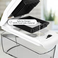 White kitchen appliance with black interior and text highlighting premium grade construction and food safety.