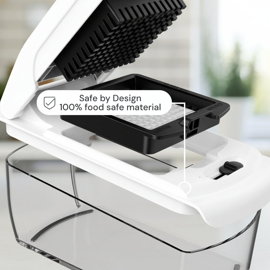 White kitchen appliance with black interior and text highlighting premium grade construction and food safety.
