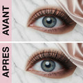 Close-up before-and-after comparison of a person's eye showing the effect of a mascara product. The top panel is labeled 'AVANT' with natural lashes, and the bottom panel is labeled 'APRÈS' with fuller, longer black lashes.