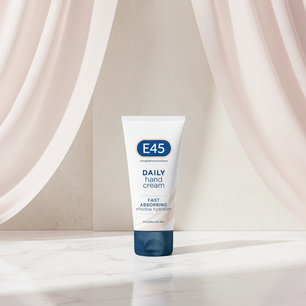 E45 Daily Hand Cream tube with product features on a textured surface