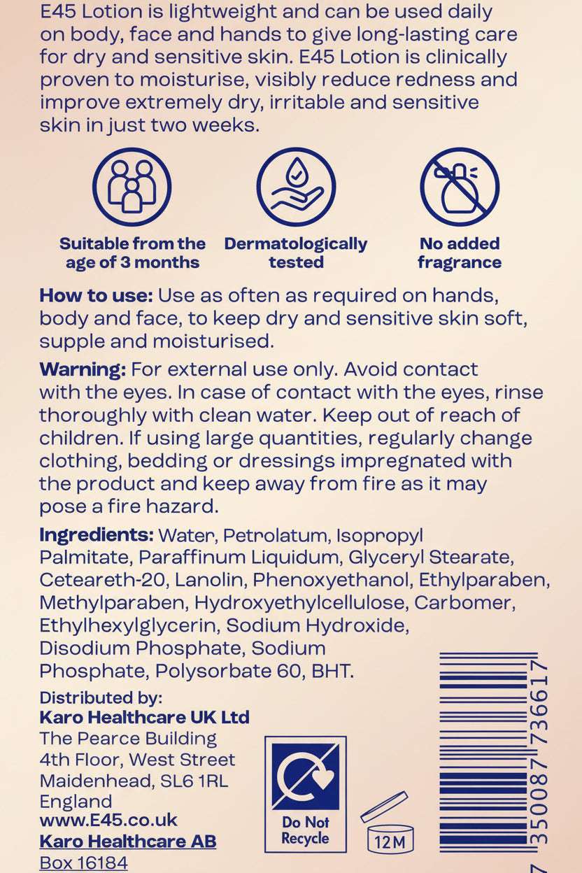 Back of a skincare product packaging with text, icons, and branding.