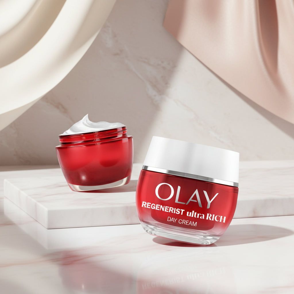 Two jars of Olay Regenerist ultra Rich Day Cream on a pink background with text indicating 'Same advanced formula, new look'.