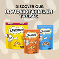 Three Dreamies cat treat packages on a yellow background with German text.