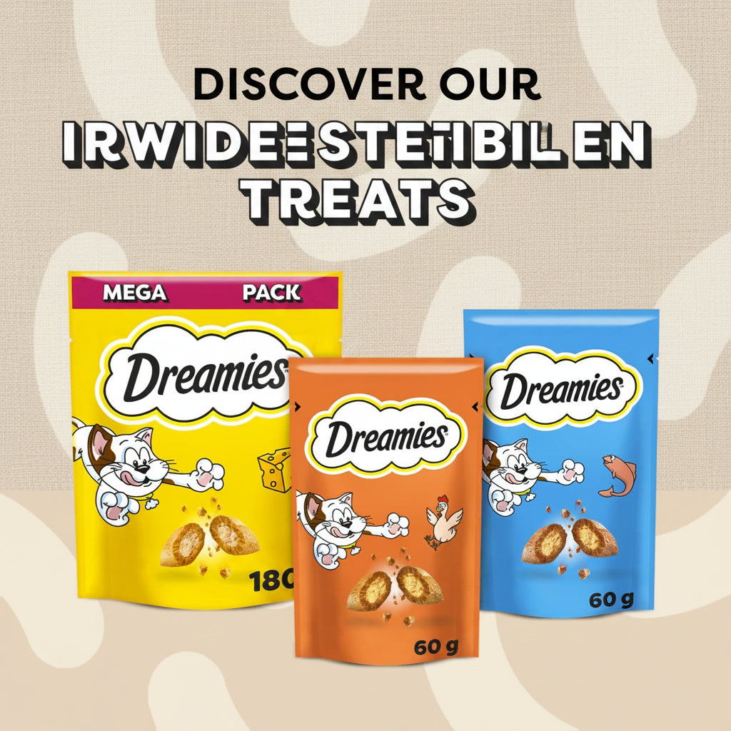 Three Dreamies cat treat packages on a yellow background with German text.