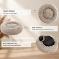 A product diagram showing a round fluffy pet bed from multiple angles with labeled callouts: front display, top view, side display, and bottom view. The bed is light beige/tan with a black interior cushion visible in the bottom view, on a white background with explanatory text boxes.
