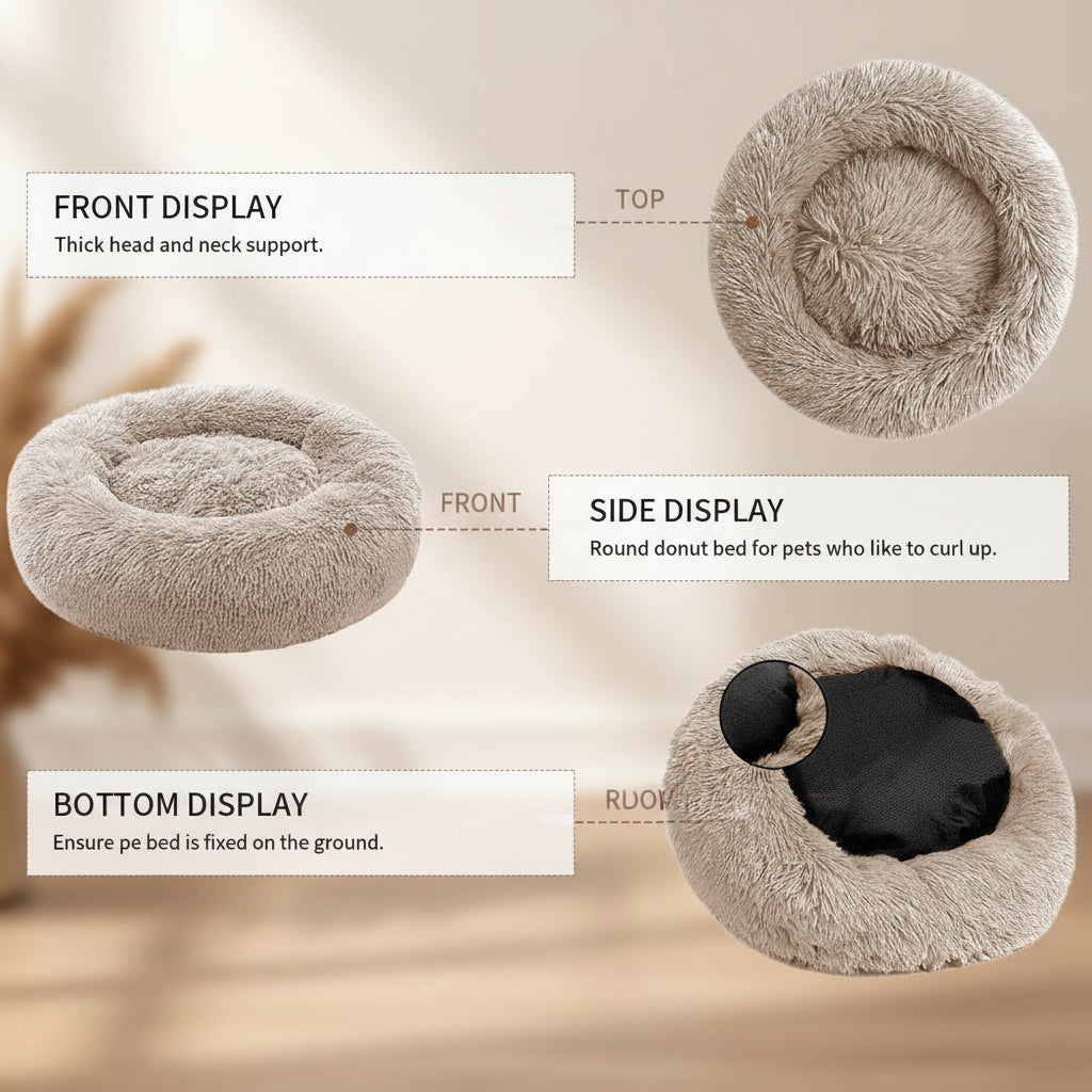 A product diagram showing a round fluffy pet bed from multiple angles with labeled callouts: front display, top view, side display, and bottom view. The bed is light beige/tan with a black interior cushion visible in the bottom view, on a white background with explanatory text boxes.