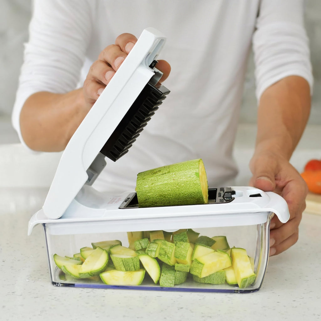Vegetable chopper with zucchini being chopped, showing 'Trusted & Tested' text.