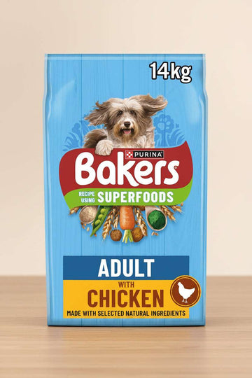 Purina Bakers dog food package with a blue background and a dog on top.