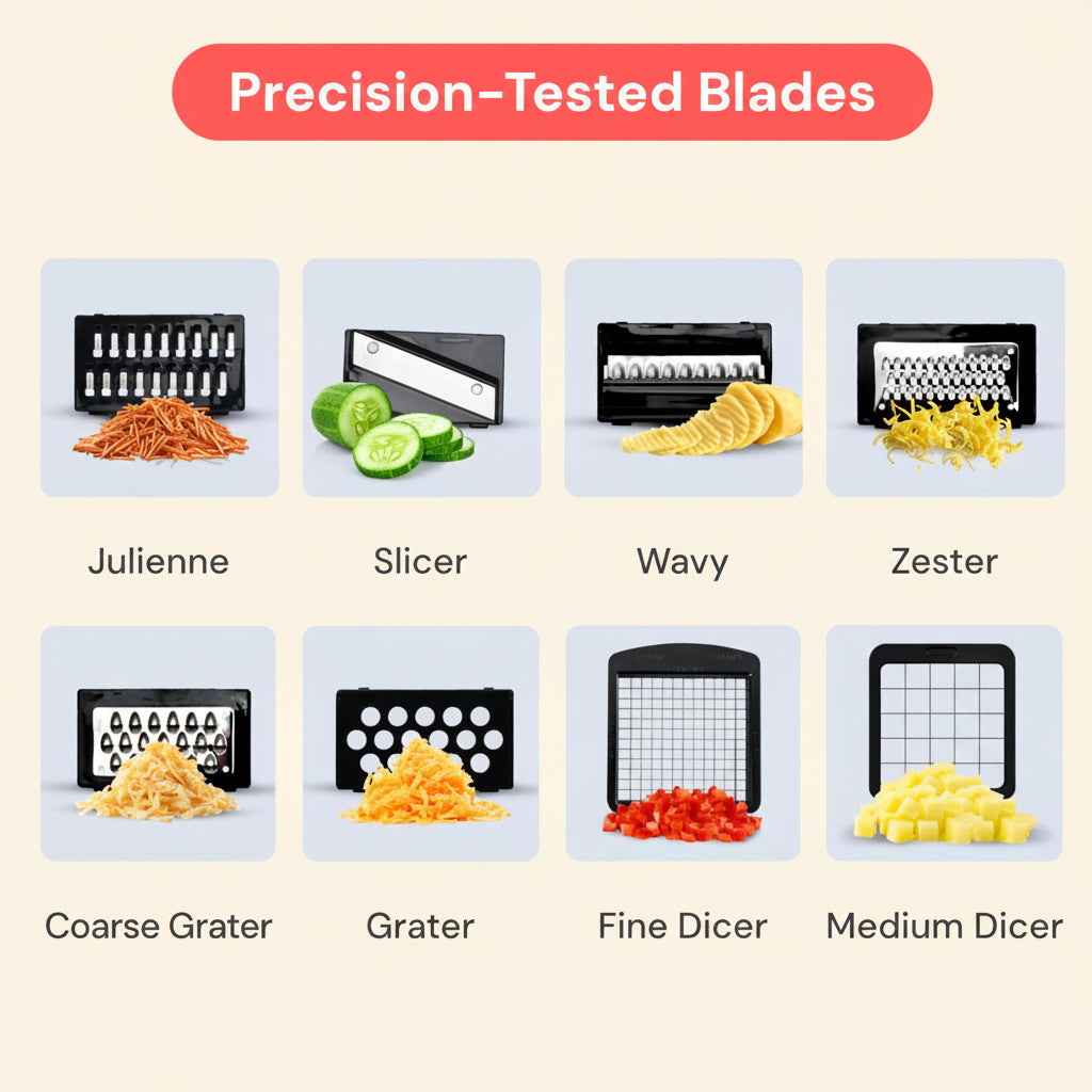 Set of precision-tested blades for a kitchen tool with various cutting styles.