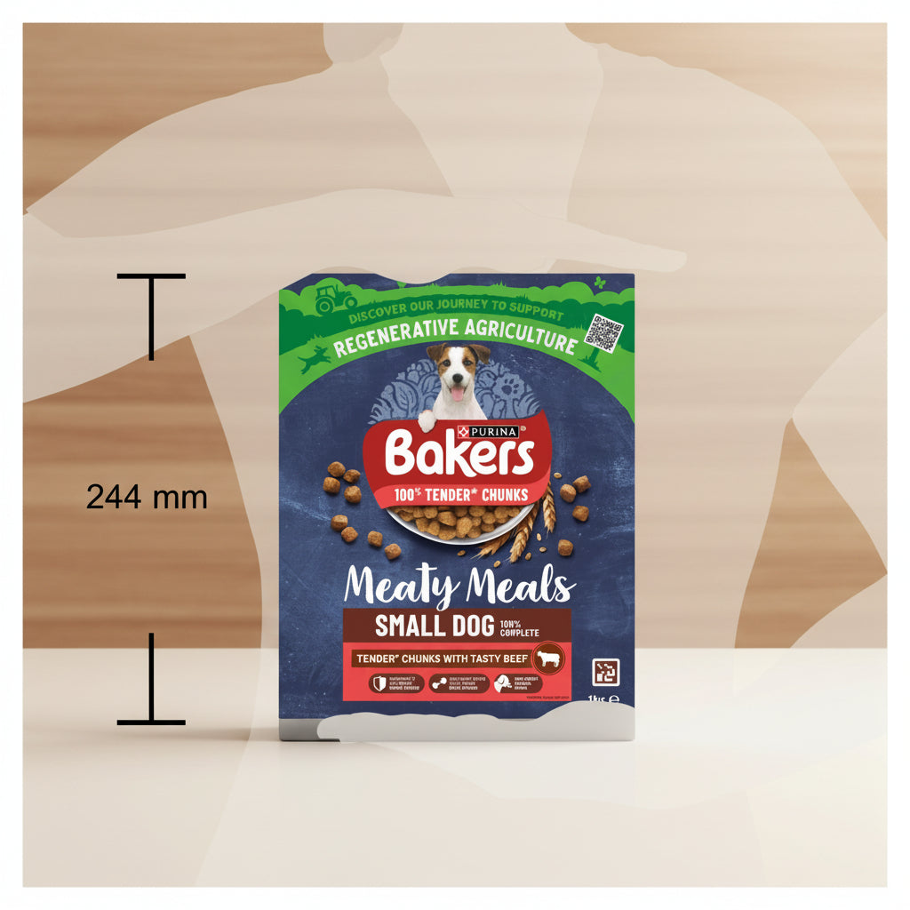 A pack of Bakers Small Dog Meaty Meals dog food shown centered on a gray silhouette of a human torso, with black measurement lines and the text '244 mm' indicating the package height.