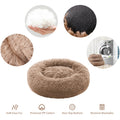 A plush round pet bed in taupe-brown faux fur is centered on a white background, surrounded by circular inset detail photos showing the fluffy texture, raised non-slip dots on the top, a close-up of the fabric, and a folded bed being washed in a machine. Text at the bottom highlights soft faux fur, premium PP cotton, non-slip bottom, and machine washable feature.