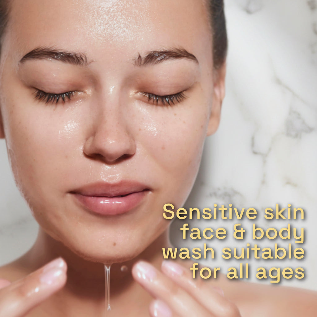 Woman with water droplets on her face, promoting a sensitive skin face and body wash suitable for all ages.