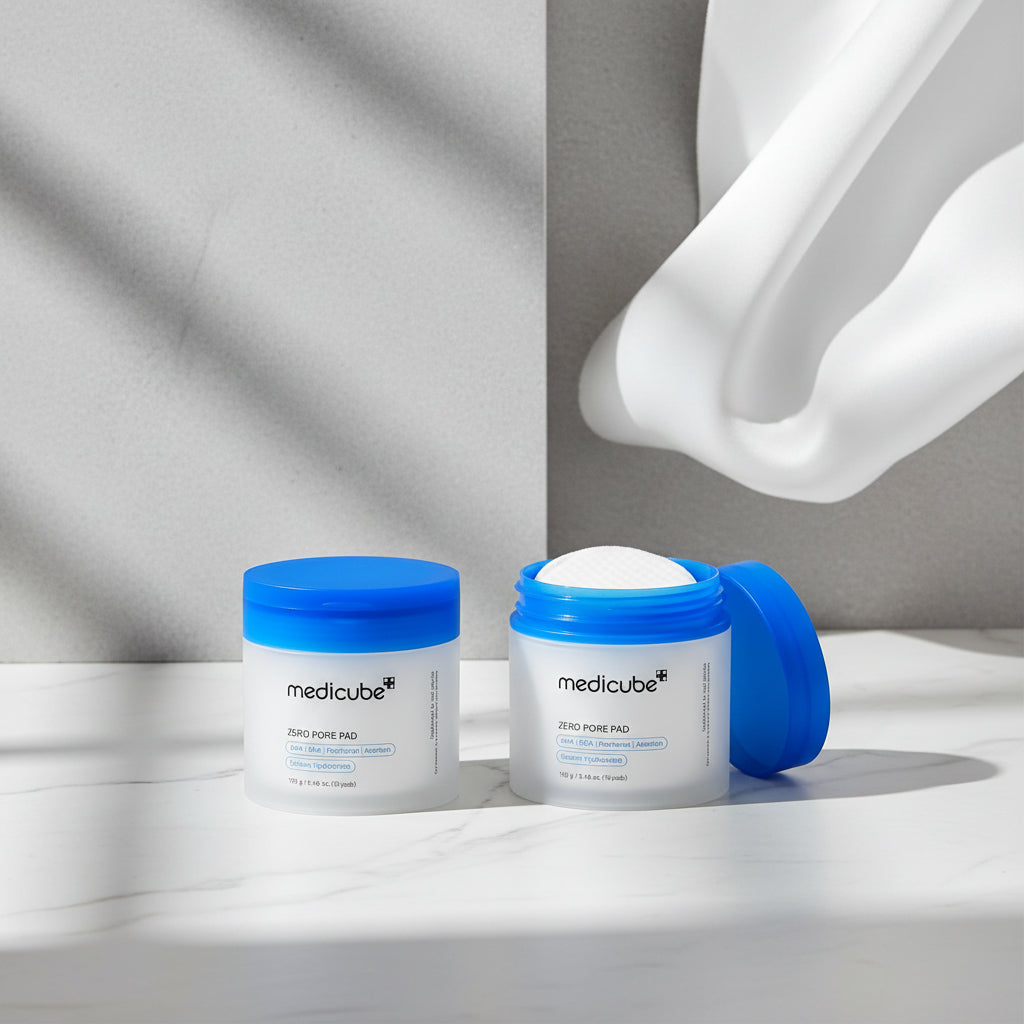 Medicube Zero Pore Pad packaging with text 'Just Swipe & Smooth!' on a white background