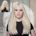 Person with long blonde hair, before and after a hair treatment, on a gray background.