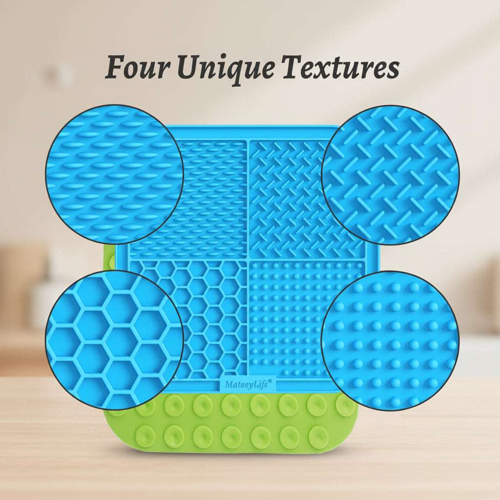 Blue and green silicone mat with four different textured sections on a white background.