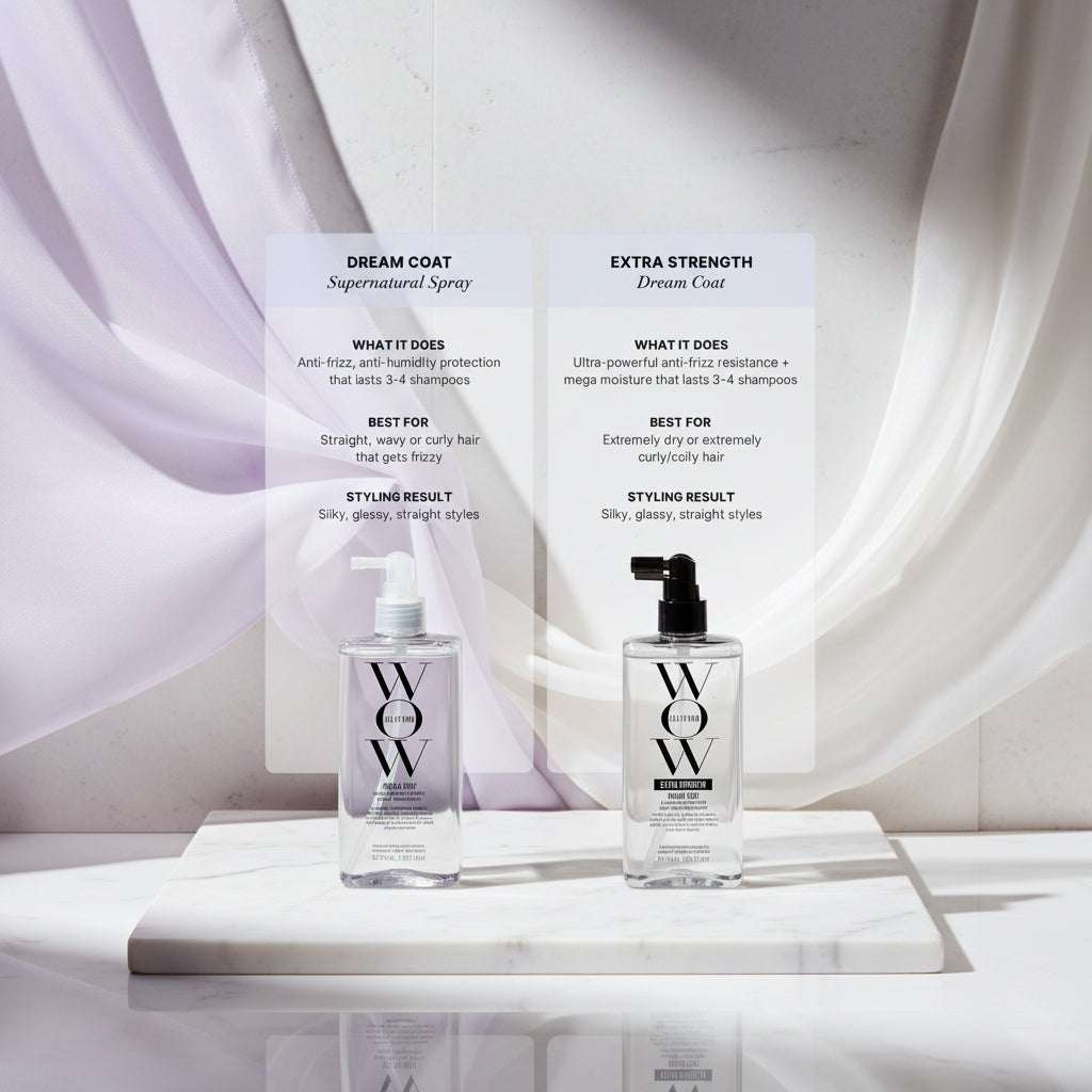 Two bottles of 'Dream Coat' hair care products with text describing their uses and benefits.