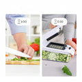 Comparison of manual chopping and using a mandoline slicer with text '75% Faster Results'.