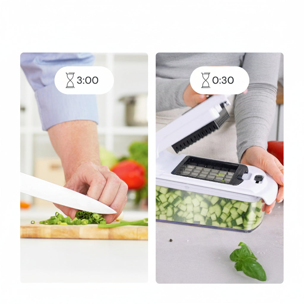 Comparison of manual chopping and using a mandoline slicer with text '75% Faster Results'.