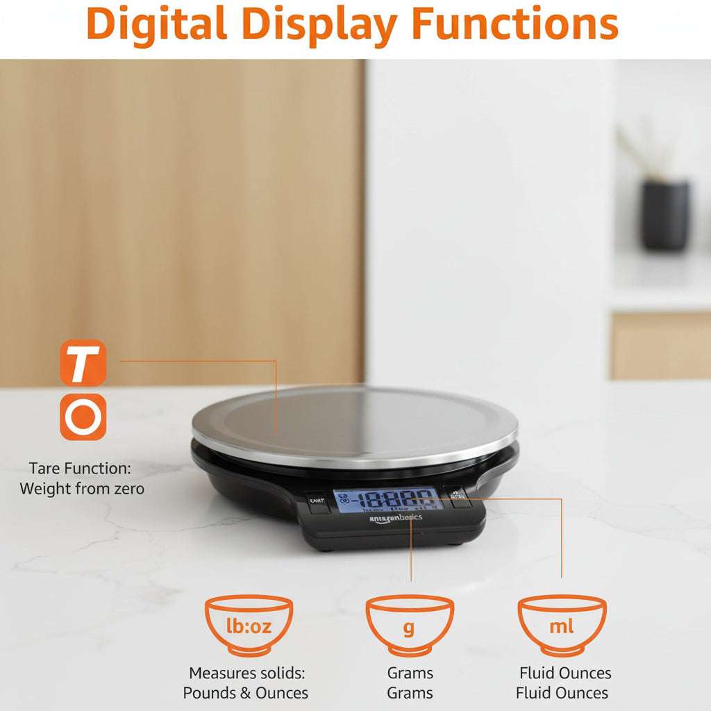 Digital kitchen scale with digital display and measurement icons on a white background