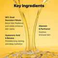 A yellow promotional graphic with the heading 'Key Ingredients' over a golden liquid splash background. Text lists COSRX ingredients: 96% Snail Secretion Filtrate, Hyaluronic Acid & Betaine, and Allantoin & Panthenol.