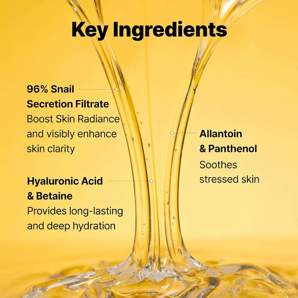 A yellow promotional graphic with the heading 'Key Ingredients' over a golden liquid splash background. Text lists COSRX ingredients: 96% Snail Secretion Filtrate, Hyaluronic Acid & Betaine, and Allantoin & Panthenol.