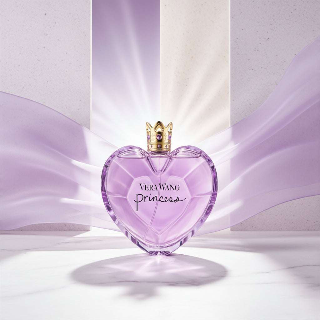 Heart-shaped purple Vera Wang Princess perfume bottle with gold cap on a white background
