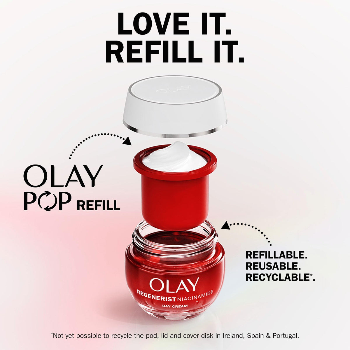 Olay Regenerist Niacinamide refillable cream jar with red pod on a white background