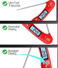 A promotional comparison graphic for a digital probe thermometer. The left column shows the red DOQAUS thermometer with feature callouts: ultra fast 3 seconds response, reversible digital display, and backlight display.