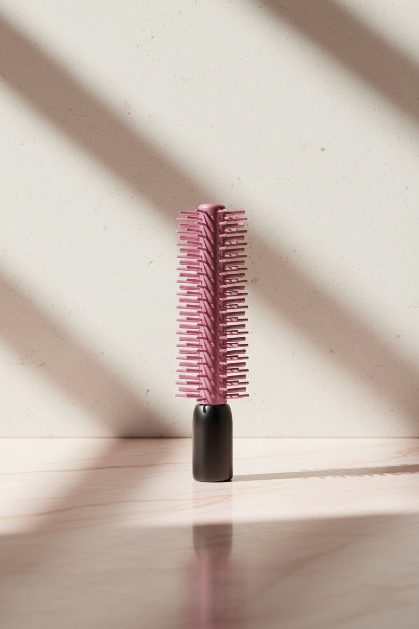 Pink round hairbrush on a black background