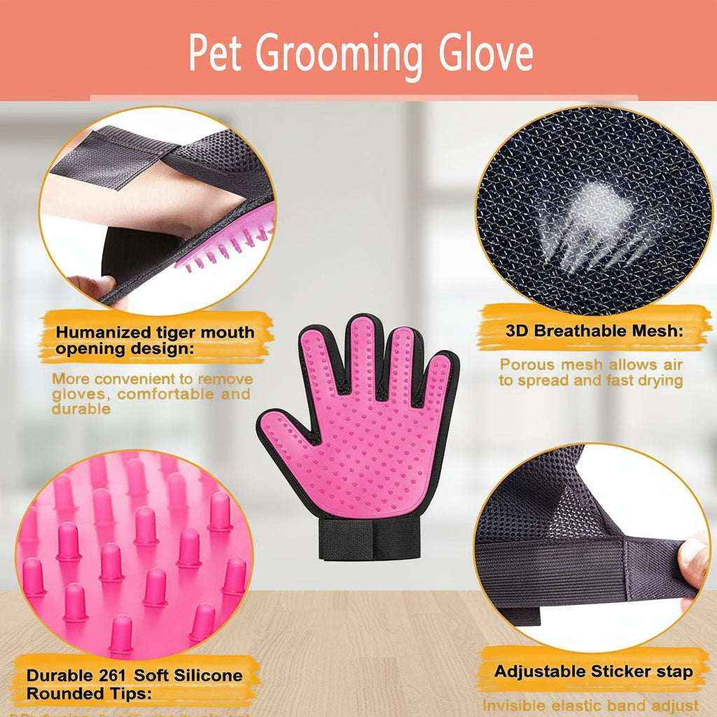 Pet grooming glove with features highlighted on a pink background