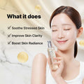 Woman holding a skincare product with COSRX branding on a yellow background