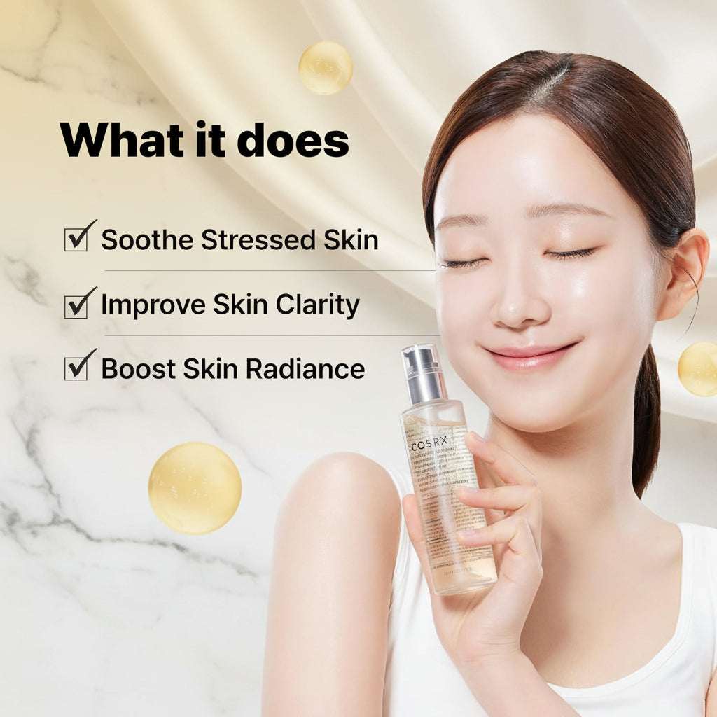 Woman holding a skincare product with COSRX branding on a yellow background