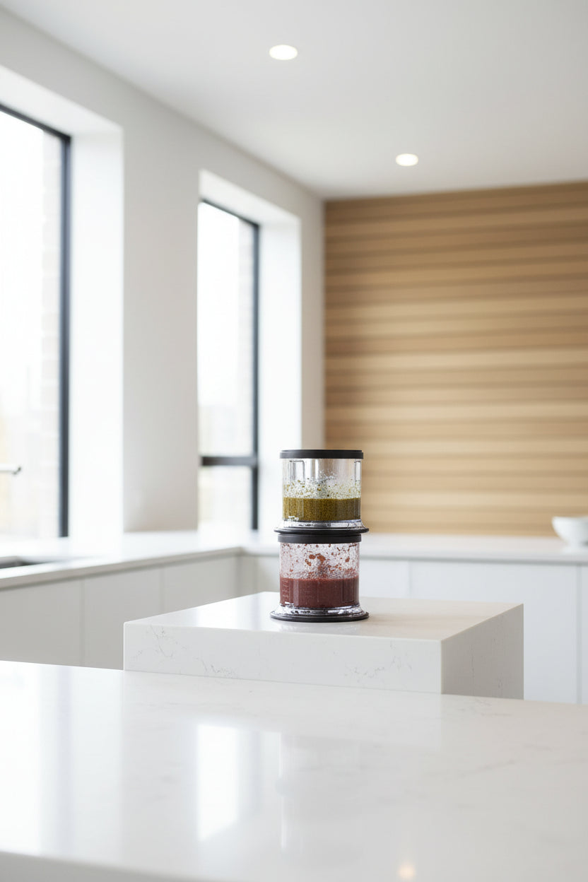 Person using a blender on a kitchen counter with ingredients around