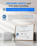 A water filter product shown on a clean white background with certification text and logos. The product appears to be a white cylindrical filter housing with a transparent front cover.