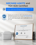 Certified water filter with NSF and TUV Süd logos and a framed certificate on a light background.