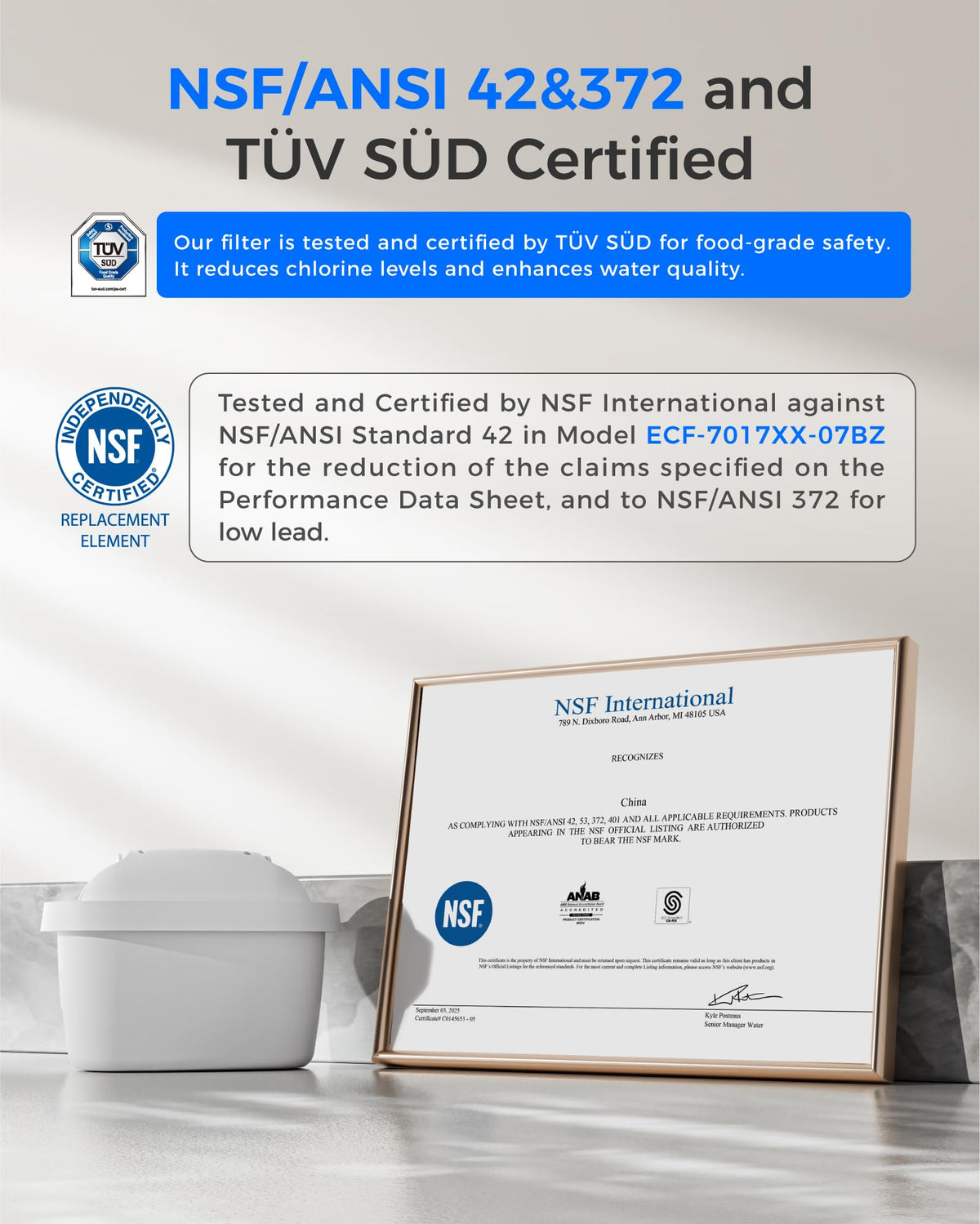 Certified water filter with NSF and TUV Süd logos and a framed certificate on a light background.