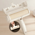 White pet hair removal roller with a close-up inset showing hair collected on it.