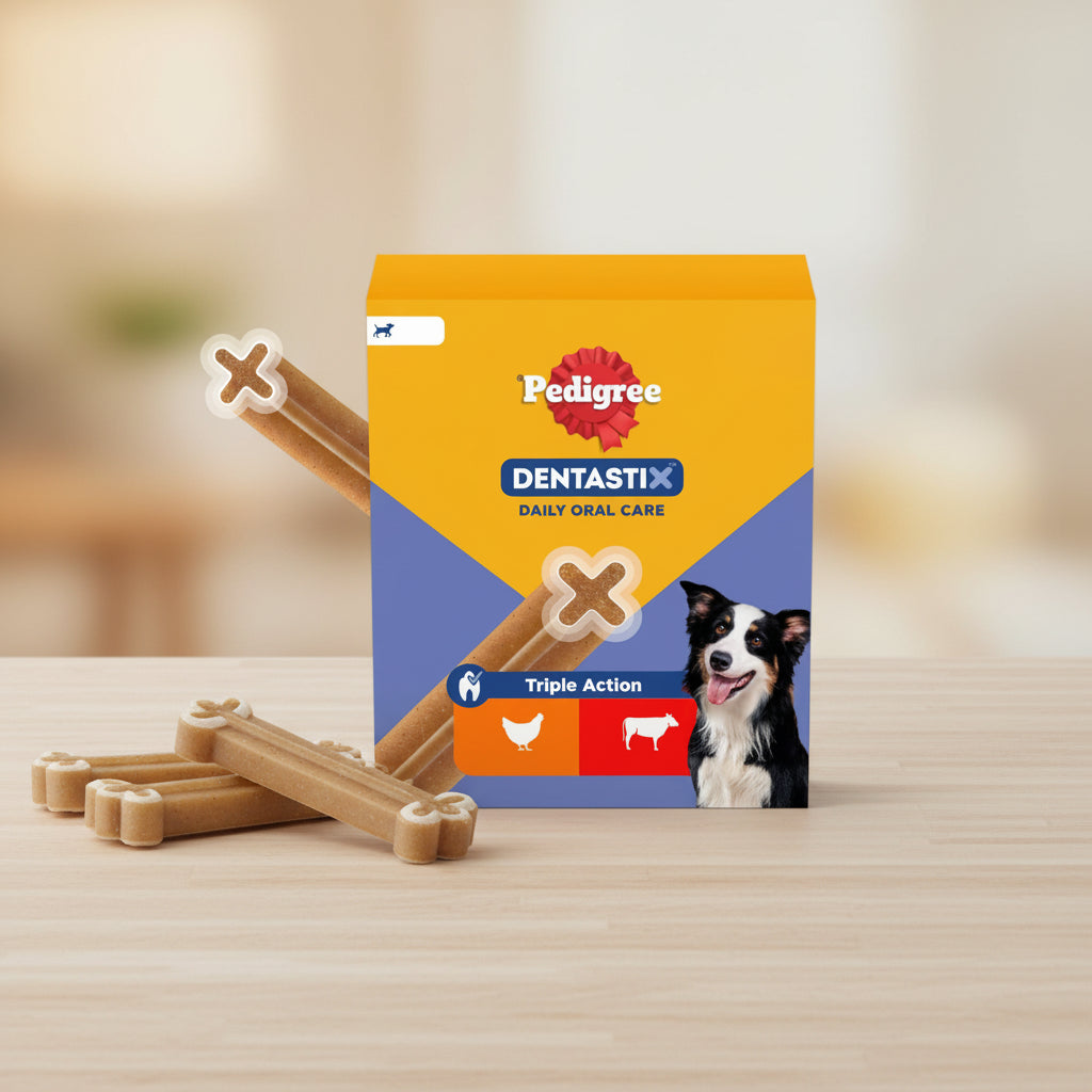 Pedigree Dentasti X Daily Oral Care dog chew packaging shown on a split yellow and blue background with promotional text above. A dog is pictured on the front of the box, and the packaging includes a bone-shaped chew and a crossed-out X graphic.