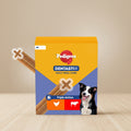 Pedigree Dentasti X Daily Oral Care dog chew packaging shown on a split yellow and blue background with promotional text above. A dog is pictured on the front of the box, and the packaging includes a bone-shaped chew and a crossed-out X graphic.