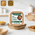 Air fryer liners packaging with examples of food cooked on them.