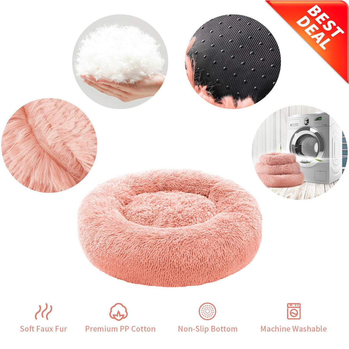 A plush round pet bed in light pink faux fur, shown on a white background with feature callout circles and icons. The main product is the pink bed, surrounded by circular insets showing fluffy white faux fur, a black textured non-slip pad, soft fabric texture, and a hand washing the bed in a washing machine.