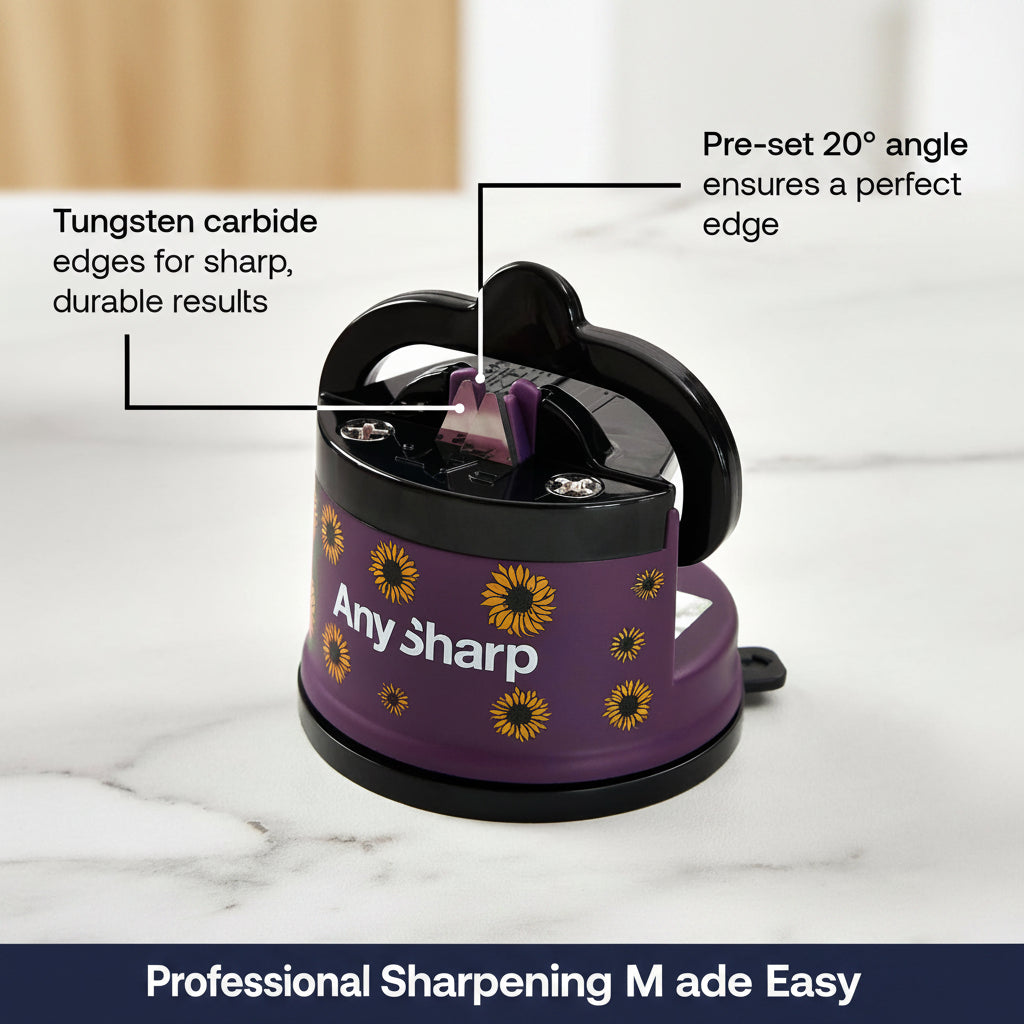 A purple and black Any Sharp electric sharpening machine with sunflower graphics, shown on a white marble background with text callouts explaining its tungsten carbide edges and pre-set angle.