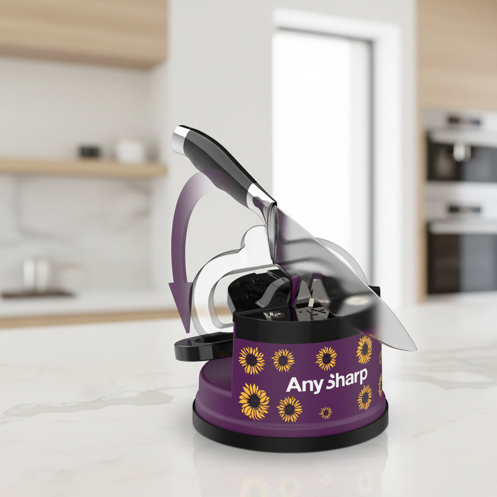 A kitchen knife being sharpened on a purple Any Sharp electric sharpening machine with yellow sunflower graphics, shown on a white background with a motion arrow overlay.