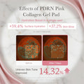 Advertisement for PDRN Pink Collagen Gel Pad showing hydration and skin tone improvement before and after use.