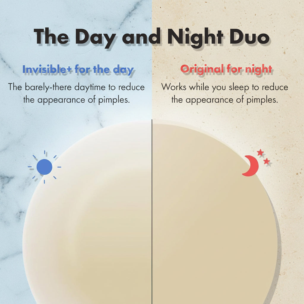 Two-tone product packaging labeled 'Invisible+ for the day' and 'Original for night' on a light blue background.