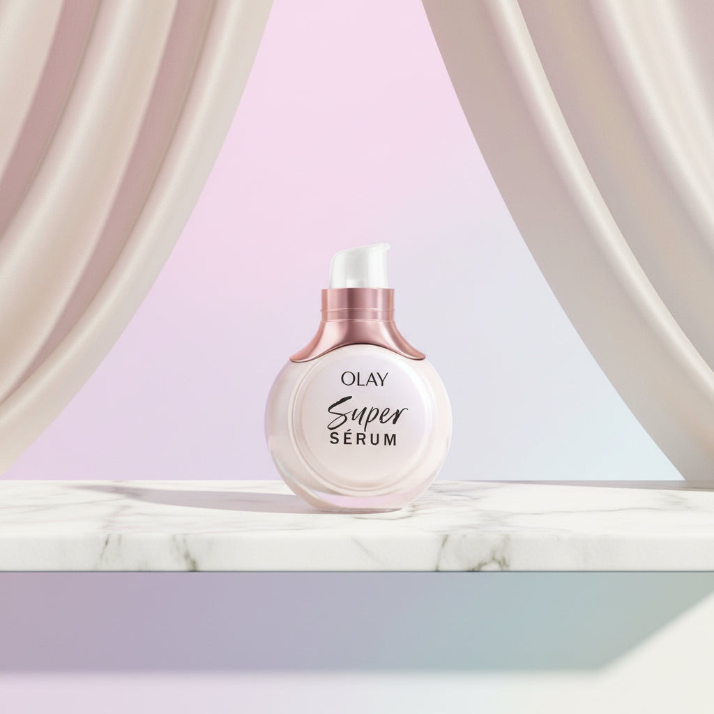 Olay Super Serum bottle on a light pink background with text about serum benefits.